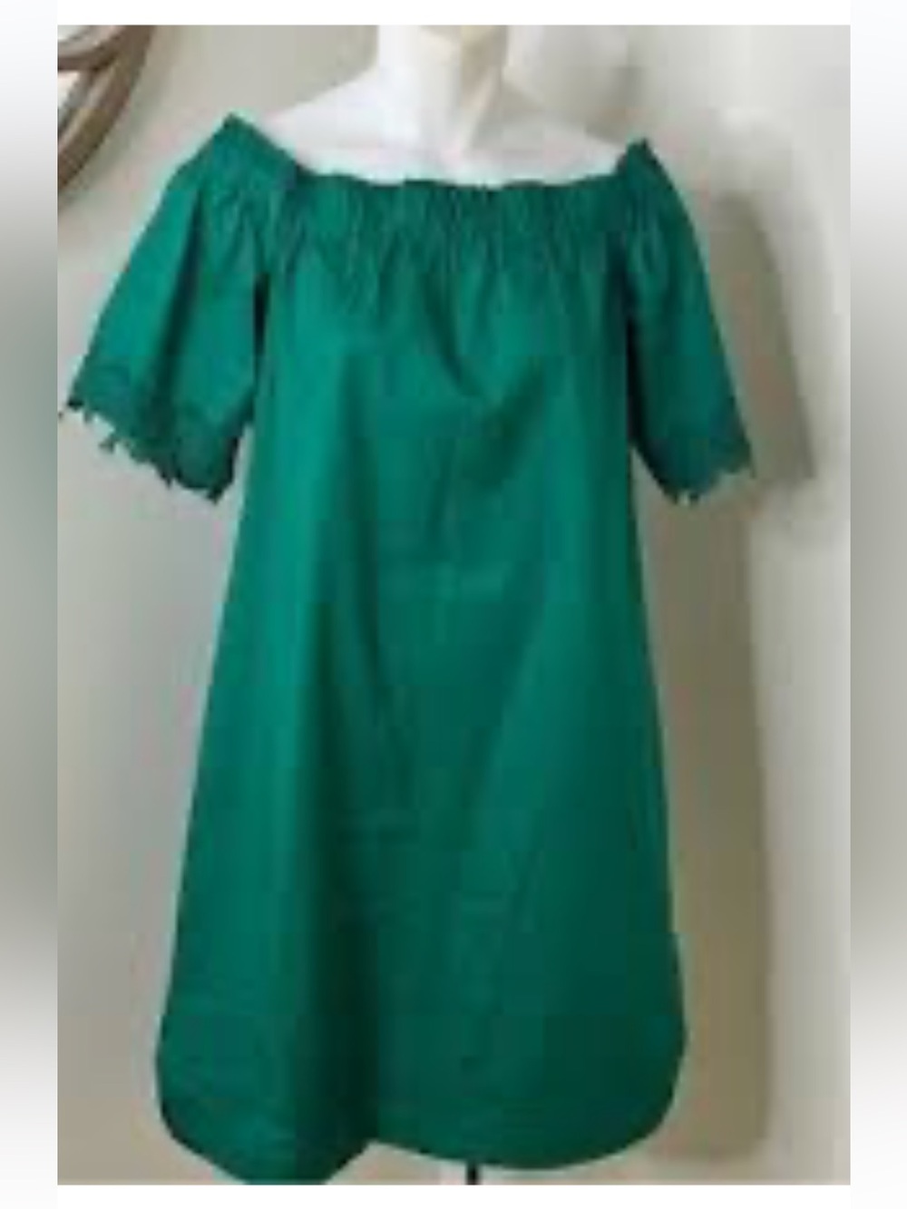 Heyton Emerald Green Off-Shoulder Cotton Lace Trim Shift Dress POCKETS sz Large